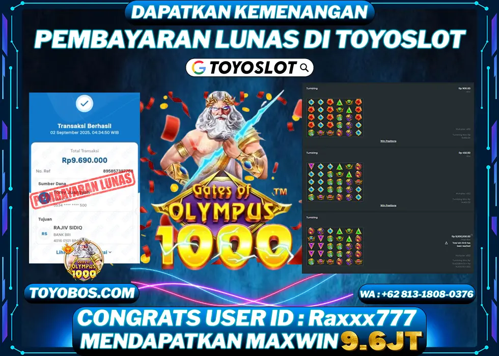 TOYOSLOT - BUKTI KEMENANGAN Gates Of Olympus 1000 Rp9,690,000,- LUNAS